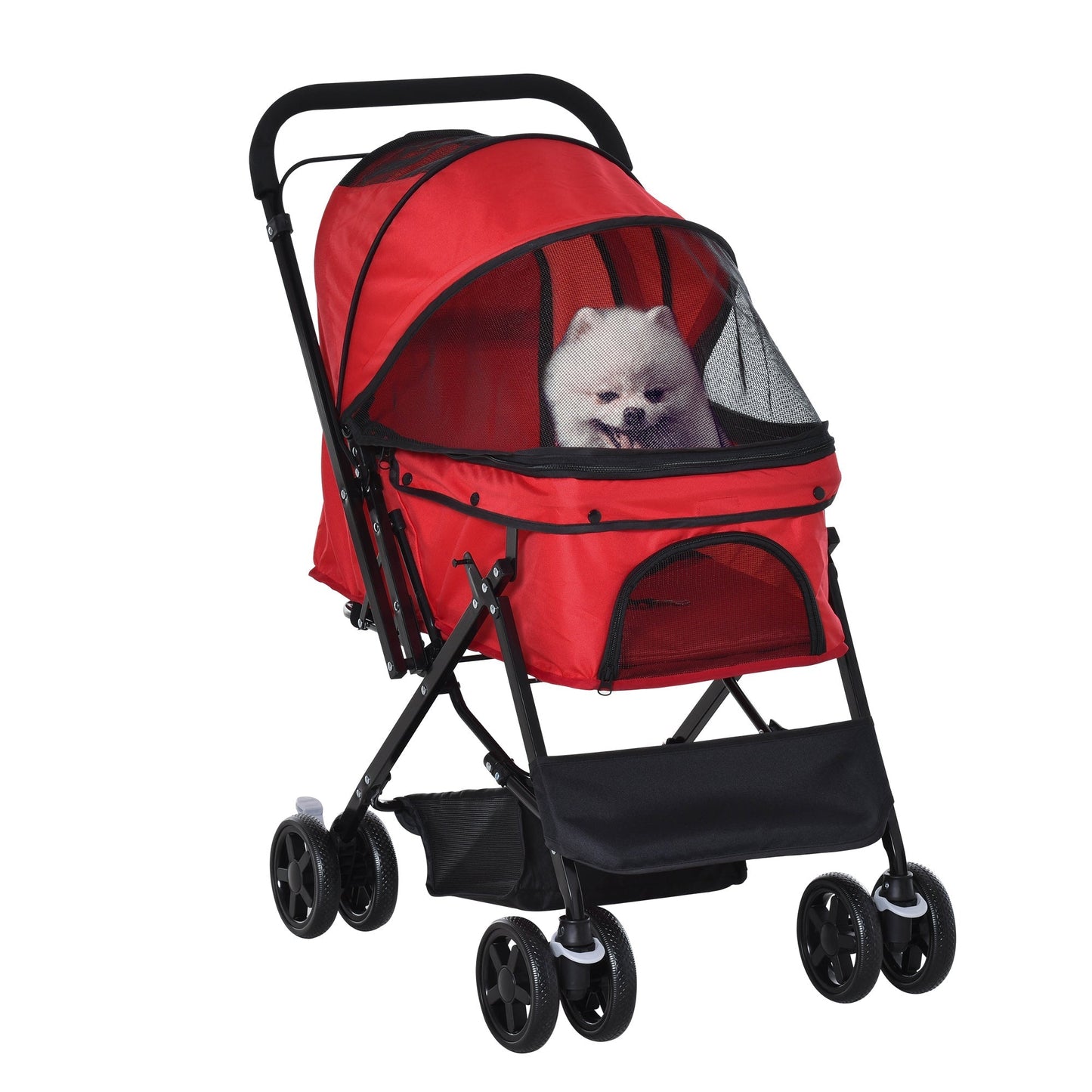 PawHut Pet Stroller Pushchair Foldable Travel Dog Cat Carriage w/ Reversible Handle Brake Basket