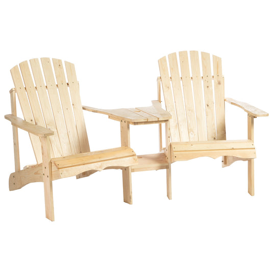 Wooden Outdoor Double Adirondack Chairs Loveseat w/ Center Table and Umbrella Hole