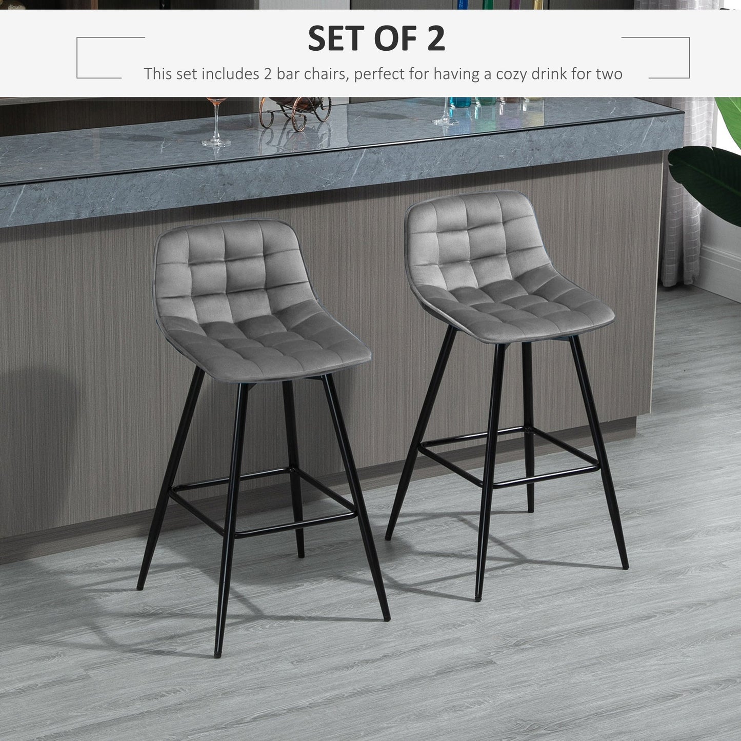 Homcom Set Of 2 Bar Stools Velvet-Touch Dining Chairs Kitchen Counter Chairs Fabric Upholstered Seat With Metal Legs