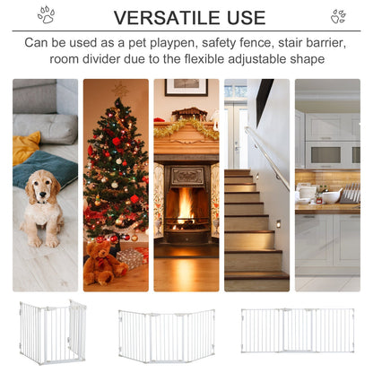 PawHut Pet Safety Gate 3-Panel Playpen Fireplace Christmas Tree Metal Fence Stair Barrier Room Divider with Walk Through Door Automatically Close Lock White