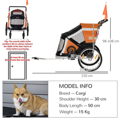 PawHut Dog Bike Trailer 2-in-1 Pet Stroller for Large Dogs Cart Foldable Bicycle Carrier Aluminium Frame with Safety Leash Hitch Coupler Reflector Flag Orange