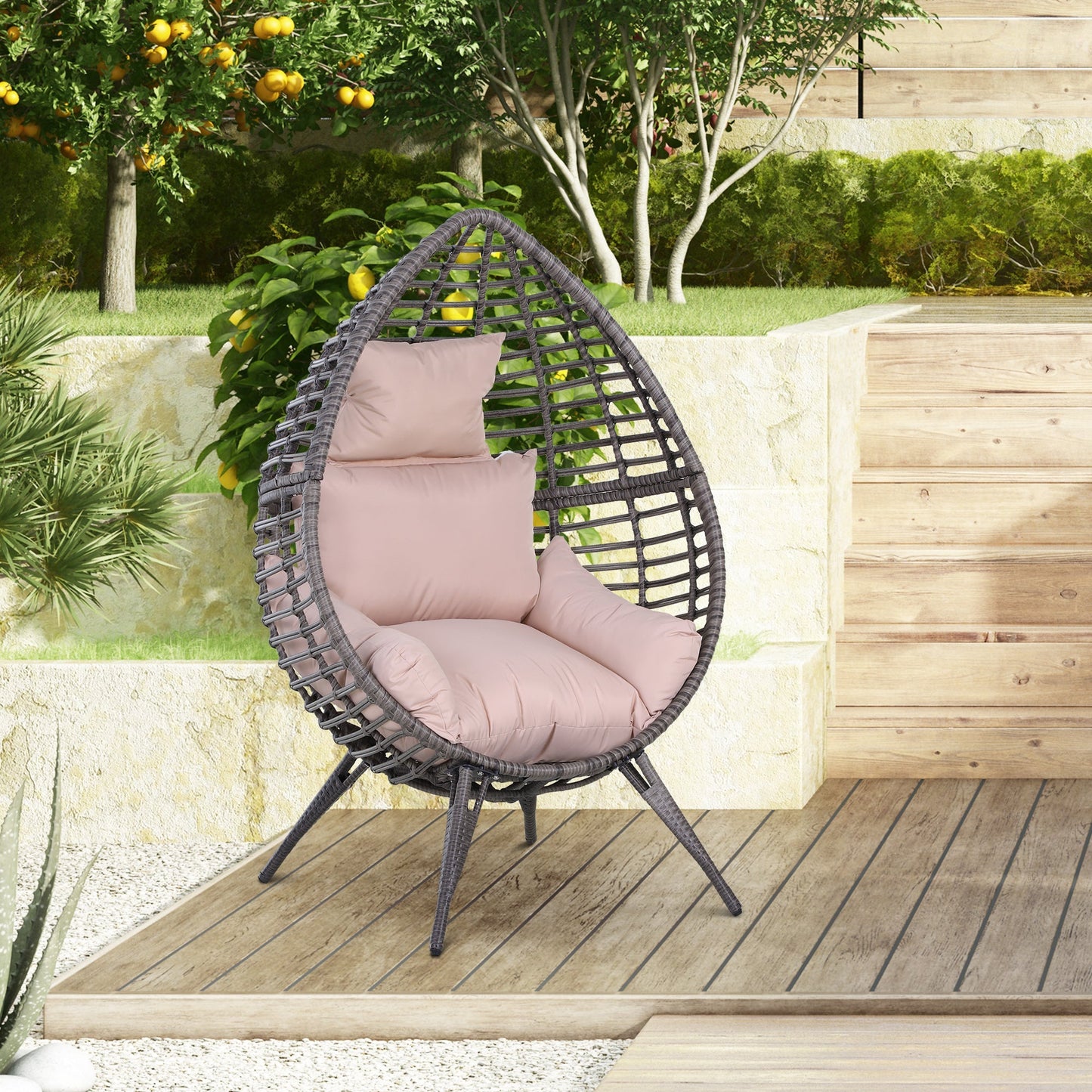 Outsunny Outdoor Egg Chair Pe Rattan Teardrop Chair With Full-Body Soft Padded Cushion Grey