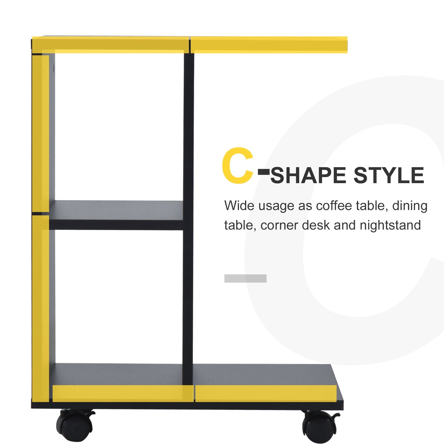 C-Shape End Table Unique Storage Unit w/ 2 Shelves 4 Wheels Freestanding Home Office Furniture Cabinet Square Studio Black