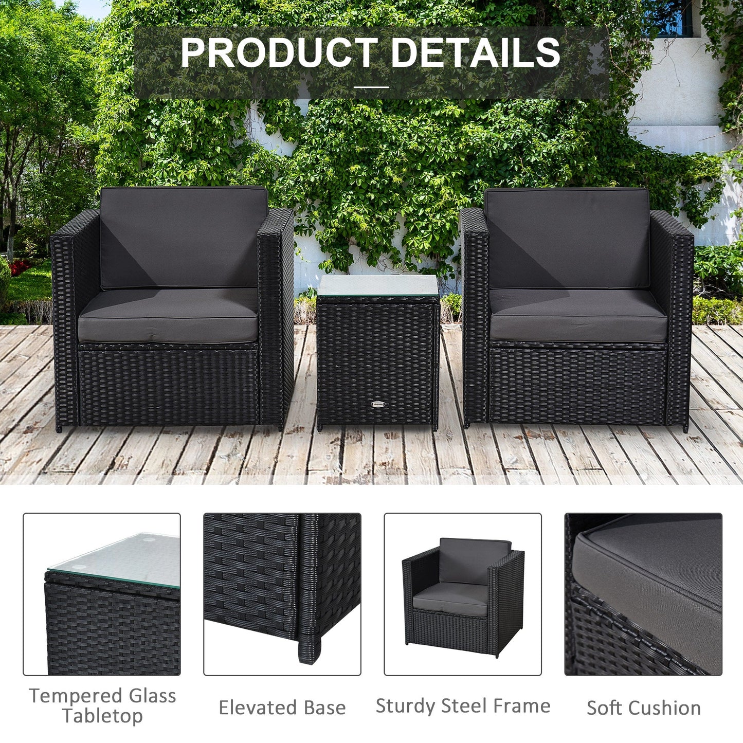 3-Pieces Outdoor PE Rattan Bistro Set with 10cm Cushions