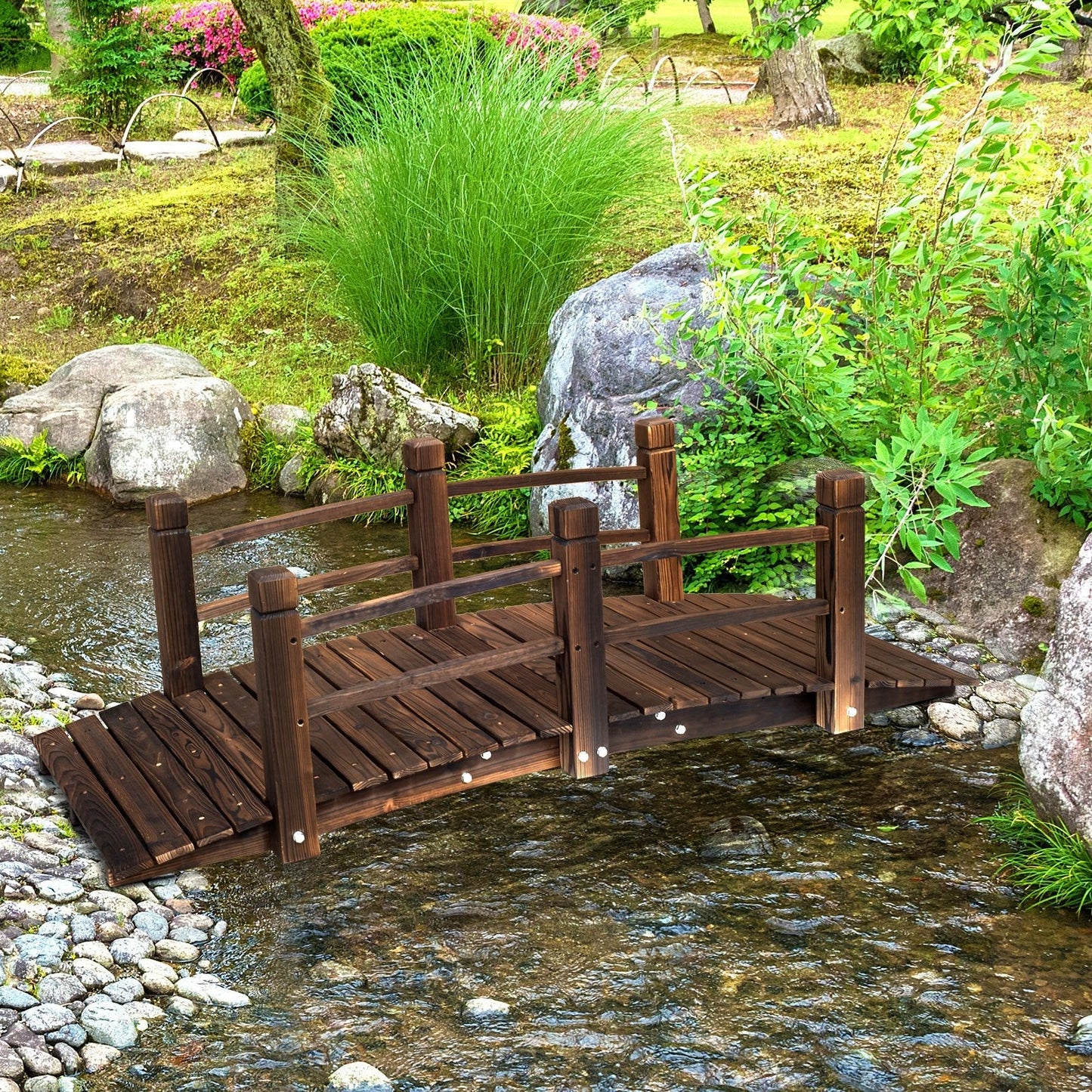 Outsunny 1.5M Wooden Garden Bridge Lawn Dcor Stained Finish Arc Outdoor Pond Walkway W/ Railings Water Yard Decoration