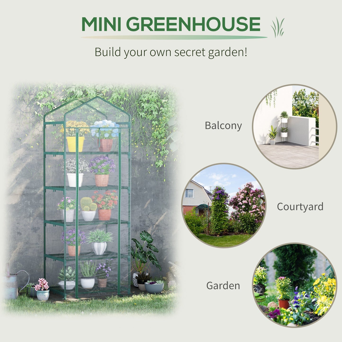 5 Tier Mini Greenhouse Outdoor Flower Stand Green House PVC Cover Portable Shed Metal Frame Transparent 69 x 49 x 193cm