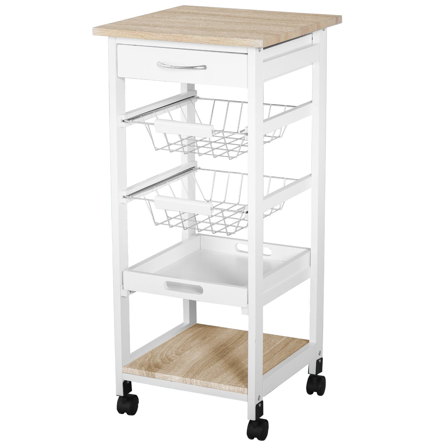 Mobile Rolling Kitchen Island Trolley for Home w/ Metal Baskets Trays Shelves Wheels Compact Stylish Storage White