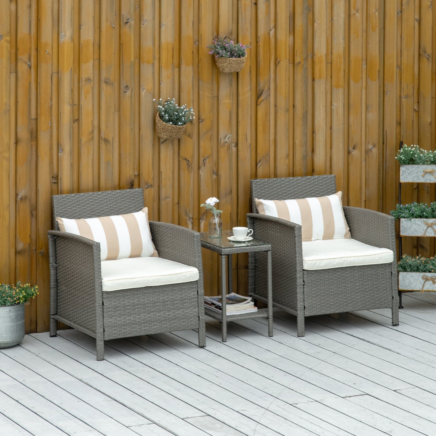 Outsunny Garden Outdoor Rattan Furniture 3 Pieces Patio Bistro Set Wicker Weave Conservatory Sofa Chair & Table Set With Cushion Pillow - Light Grey