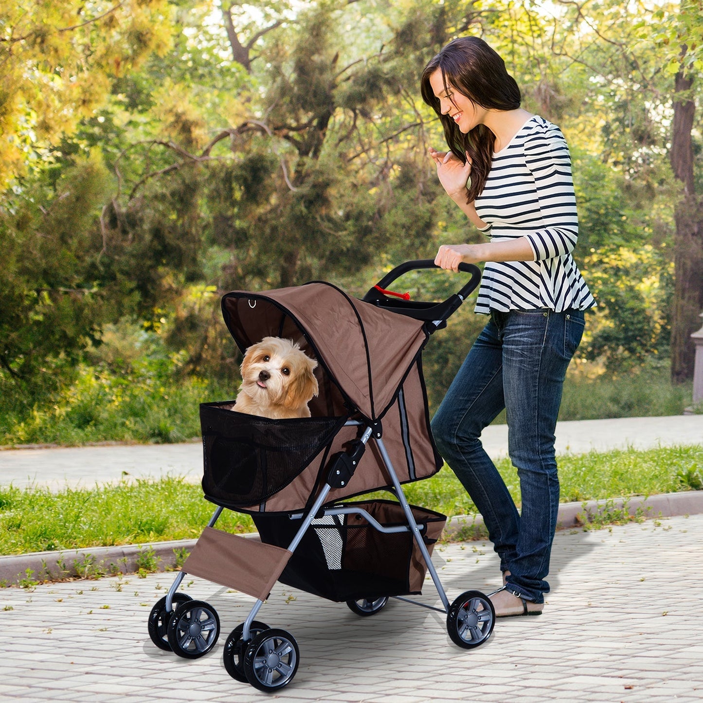 PawHut Oxford Cloth Foldable Dog Stroller Pushchair Pet Trolley w/ Zipper Entry-Brown/Silver