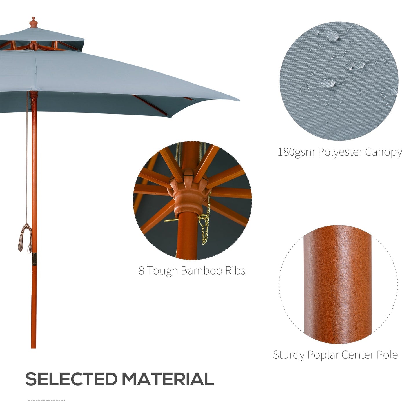 Outsunny 3X3(M) Wood Square Patio Umbrella Market Parasol Sunshade Canopy Dark Grey