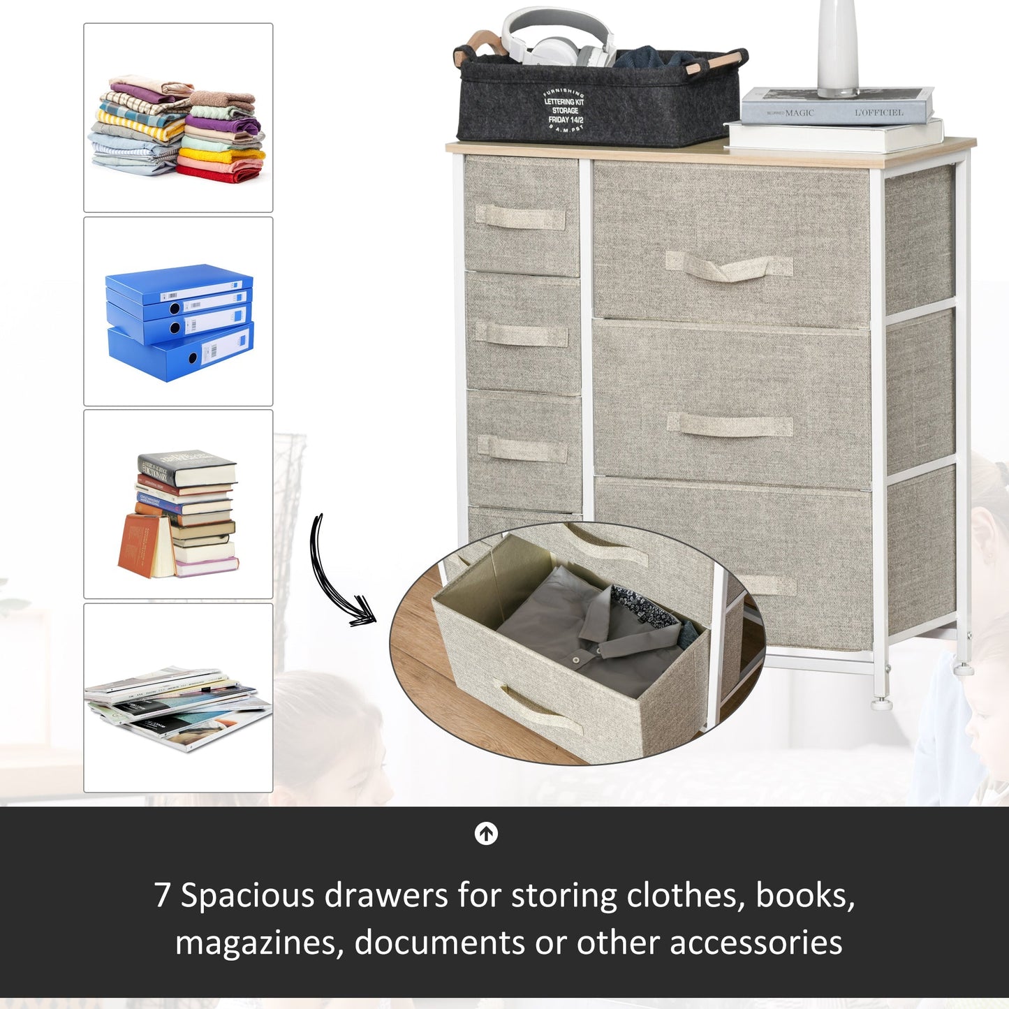 Vertical 7 Linen Drawers Cabinet Organizer Storage Dresser Tower with Metal Frame Adjustable Feet for Living Room