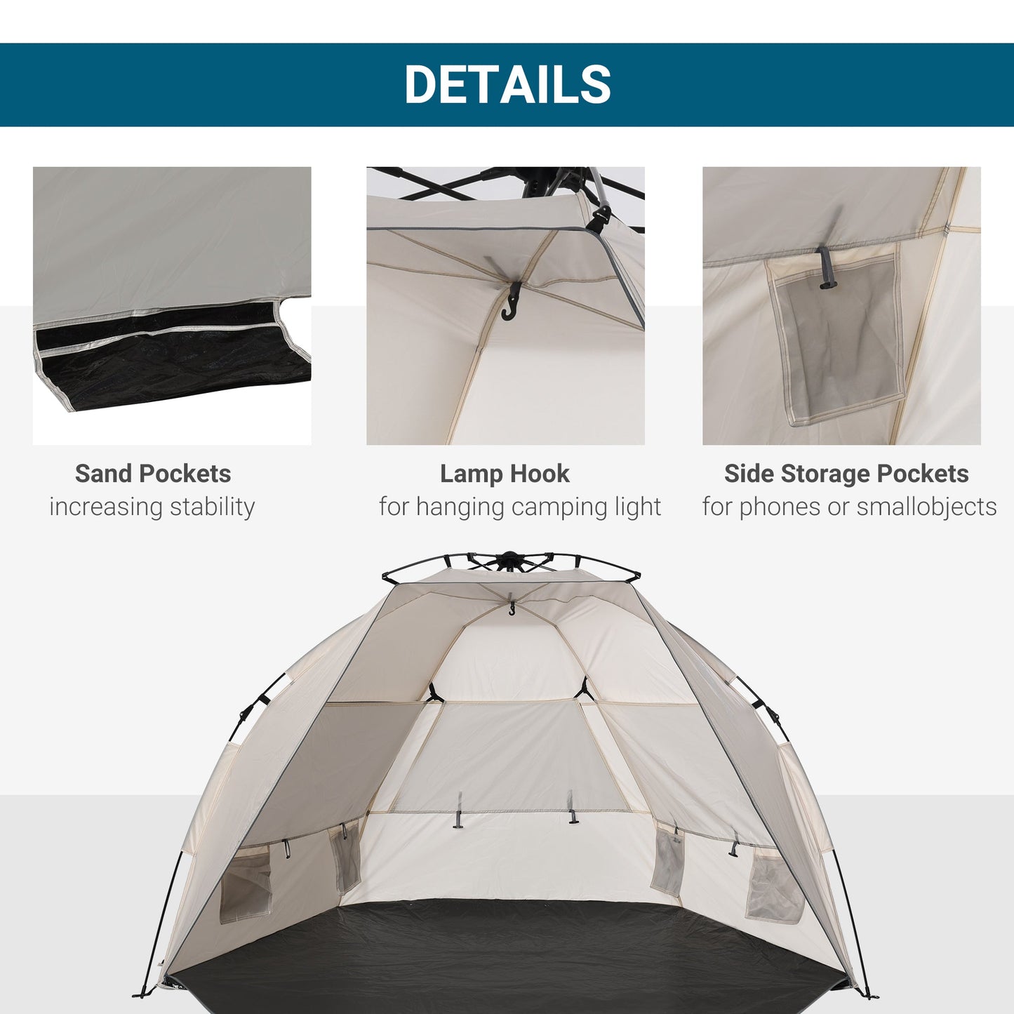 Beach Tent for 1-2 Person Pop-up Design with 3 Mesh Windows & Carrying Bag Cream