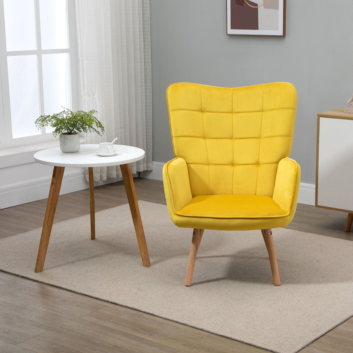 Accent Chair VelvetTufted Wingback Armchair Club Chair with Wood Legs Yellow