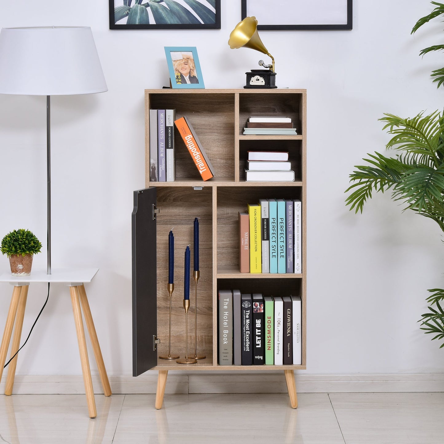 Freestanding Bookshelf Living Room Bookcase Storage Cabinet with 5 Shelves and Door Cupboard for Home Office