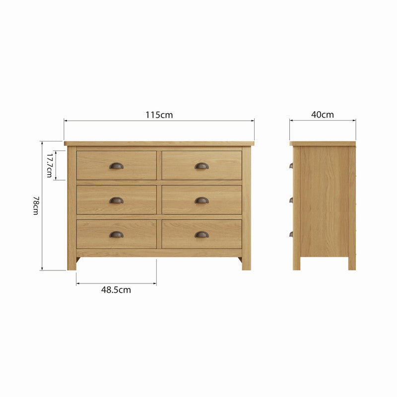 Anglian Furniture Rutland Large Chest of Drawers Oak Natural 6 Drawers