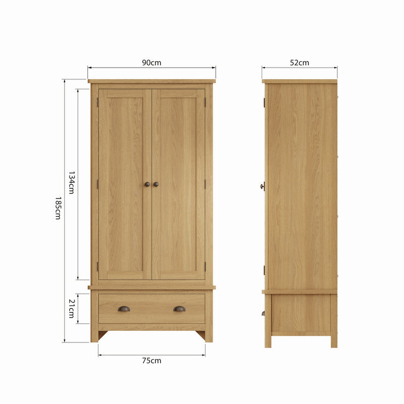 Rutland Tall Wardrobe Oak Natural 2 Doors 1 Drawer