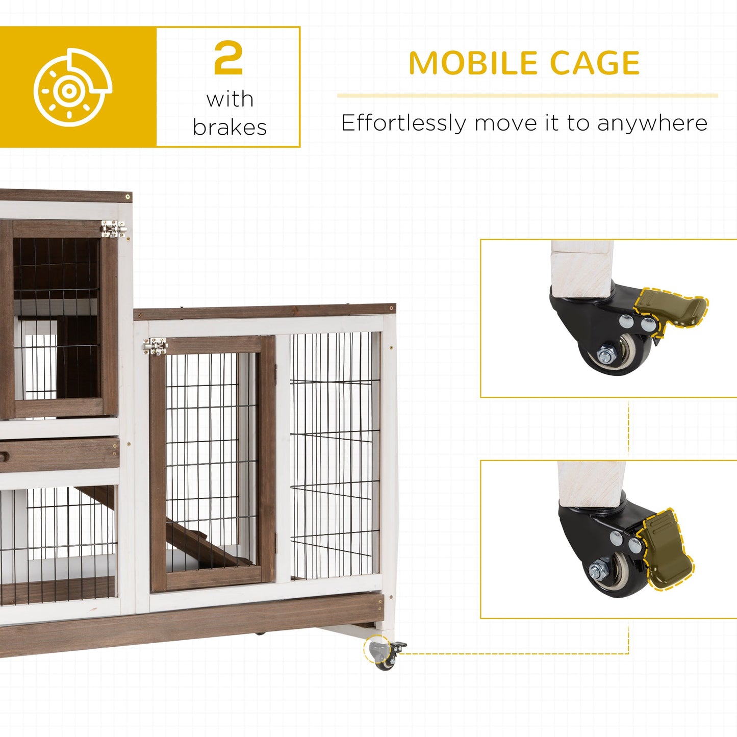 PawHut Wooden Indoor Rabbit Hutch Guinea Pig House Bunny Small Animal Cage W/ Wheels Enclosed Run 110 x 50 x 86 cm