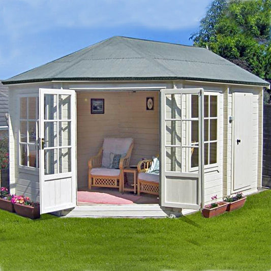 Shire Shire Rowney 14' x 10' Hexagonal Hip Log Cabin - Premium 28mm Cladding Tongue & Groove