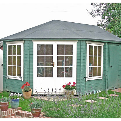 Shire Shire Rowney 14' x 10' Hexagonal Hip Log Cabin - Premium 28mm Cladding Tongue & Groove