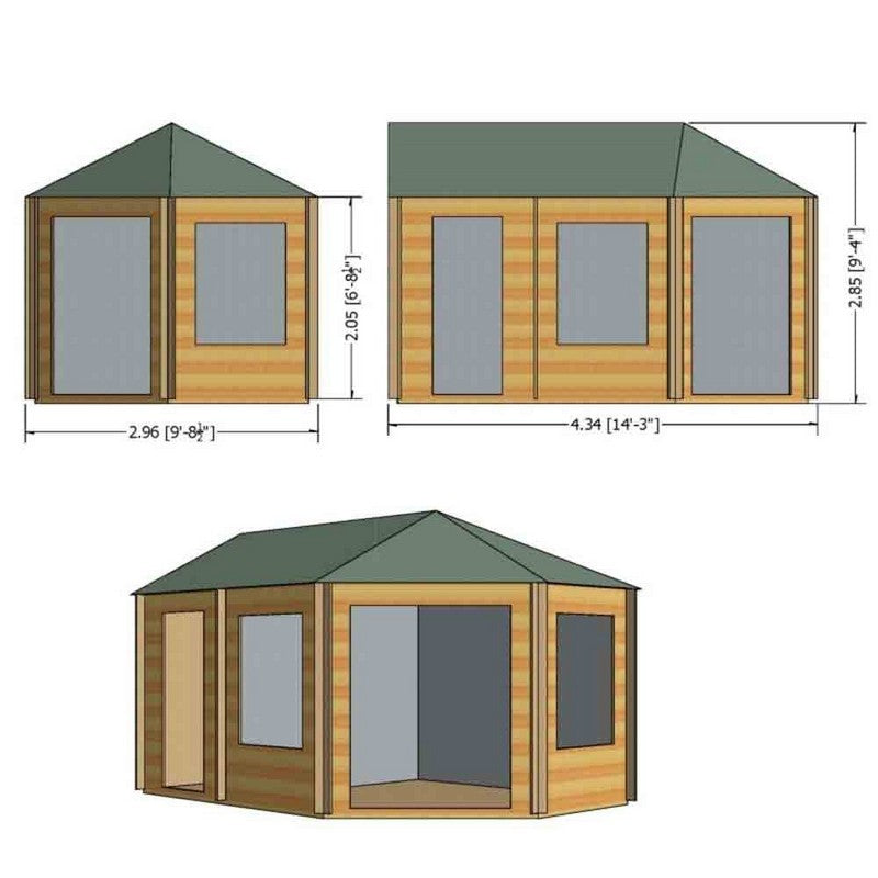 Shire Shire Rowney 14' x 10' Hexagonal Hip Log Cabin - Premium 28mm Cladding Tongue & Groove