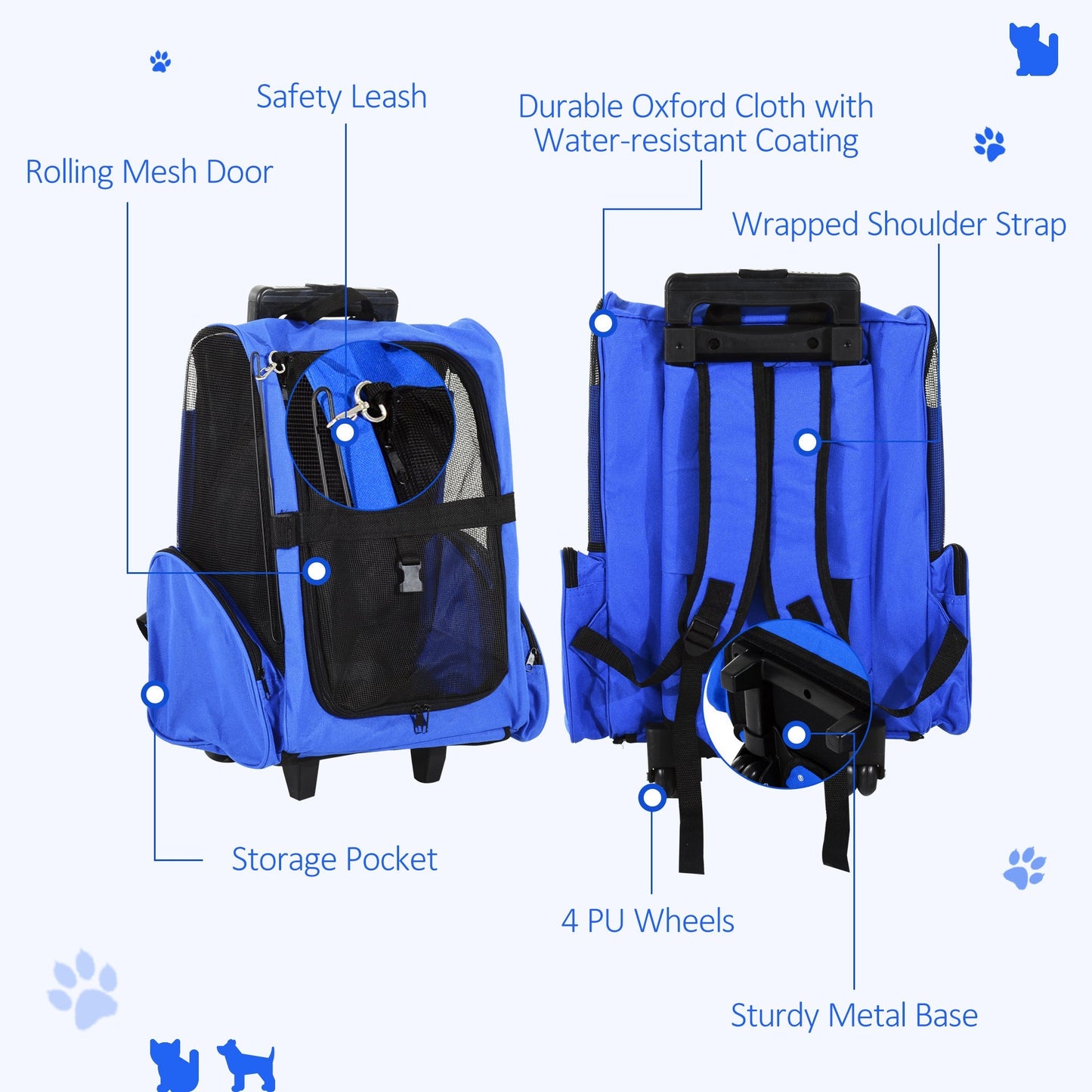 PawHut Pet Travel Backpack Bag Cat Puppy Dog Carrier w/ Trolley and Telescopic Handle Portable Stroller Wheel Luggage Bag Blue