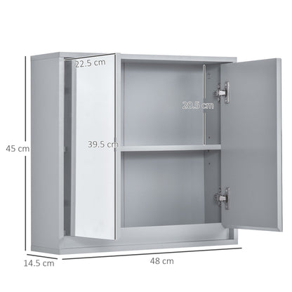 Homcom Wall Mounted Mirror Cabinet with Storage Shelf Bathroom Cupboard Double Door Grey