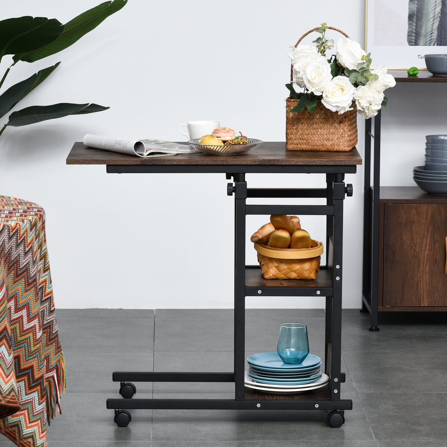 C-Shaped Side Table Industrial Mobile Rolling End Desk with 3-Tier Storage Shelving