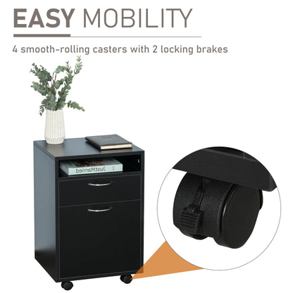 60cm Storage Cabinet w/ Drawer Open Shelf Metal Handles 4 Wheels Office Home Organiser Mobile Printer Black