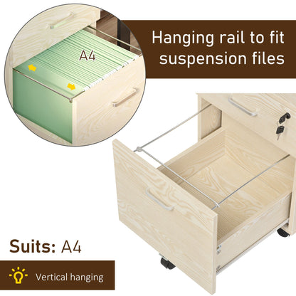 Vinsetto 2-Drawer Locking Office Filing Cabinet w/ 5 Wheels Rolling Storage Hanging Legal Letter Files Cupboard Home Organisation Oak