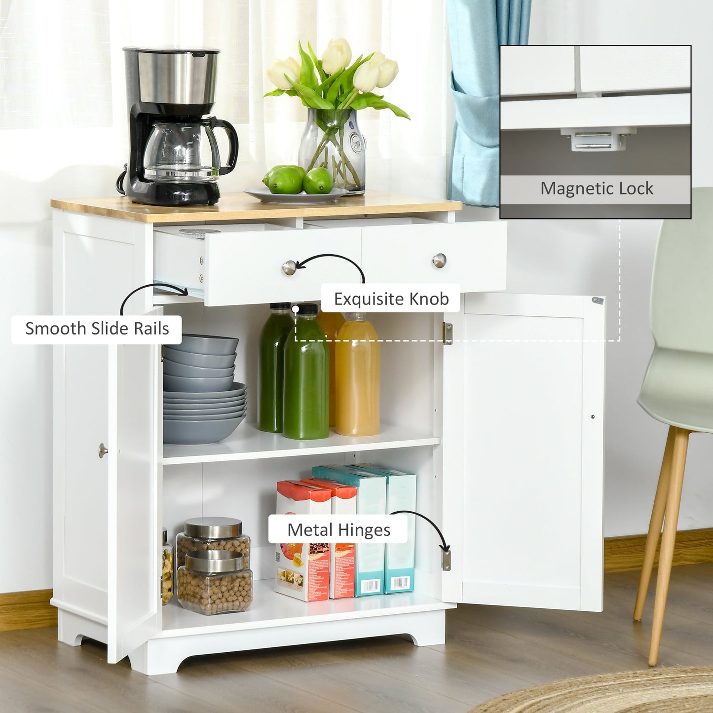 Kitchen Floor Cabinet Side Storage Cupboard Multi-use Sideboard Table with Solid Wood Top