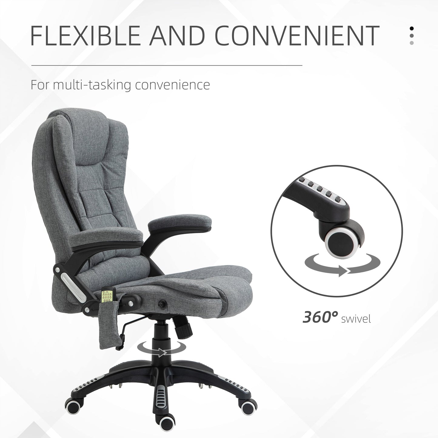 Vinsetto Massage Recliner Chair Heated Office Chair with Six Massage Points Linen-Feel Fabric 360° Swivel Wheels Grey