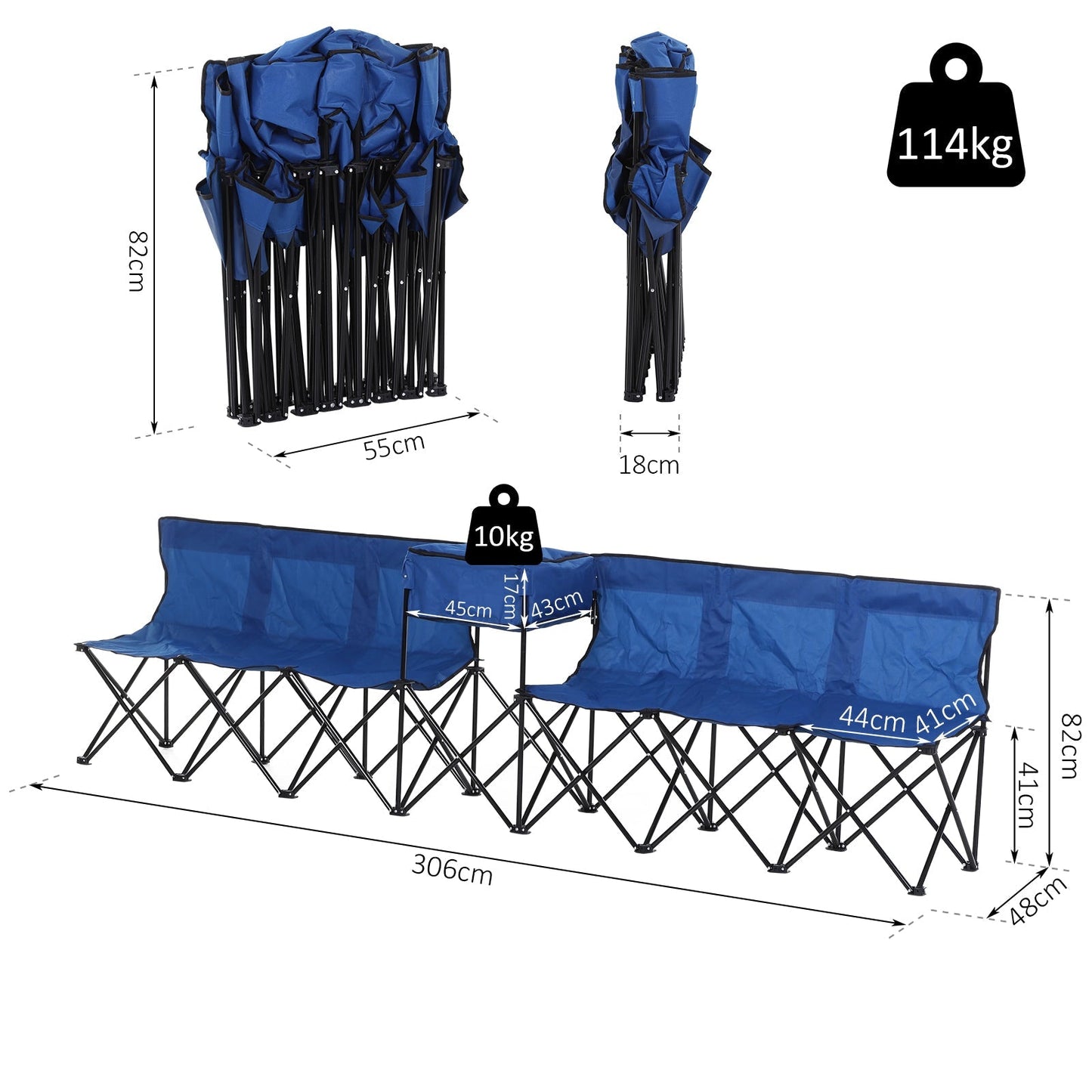 6 Seater Folding Steel Camping Bench w/ Cooler Bag Blue