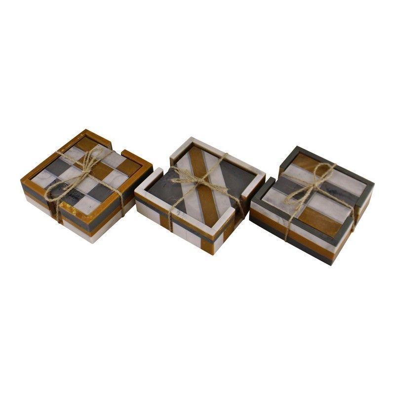 Scarthingwell 4x Coaster Polyresin Gold & White with Chequred Pattern - 12cm