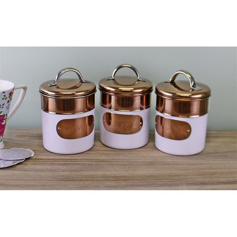 Geko 3 x Metal Tins Twist Lid 1.1 Litres - White & Copper