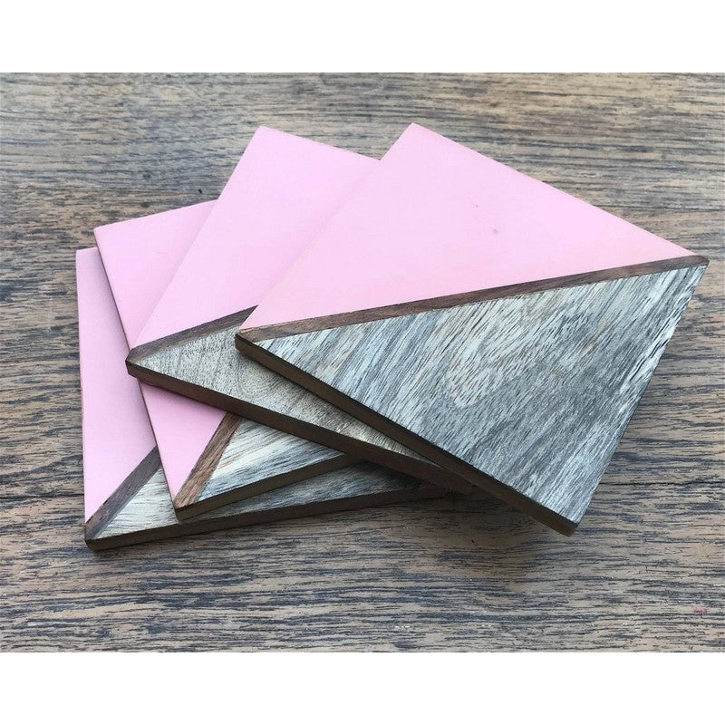 Scarthingwell 4x Coaster Polyresin & Wood Pink with Geometric Pattern - 10cm