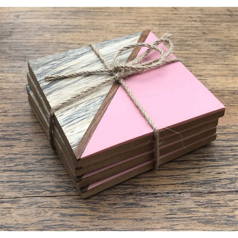 Scarthingwell 4x Coaster Polyresin & Wood Pink with Geometric Pattern - 10cm