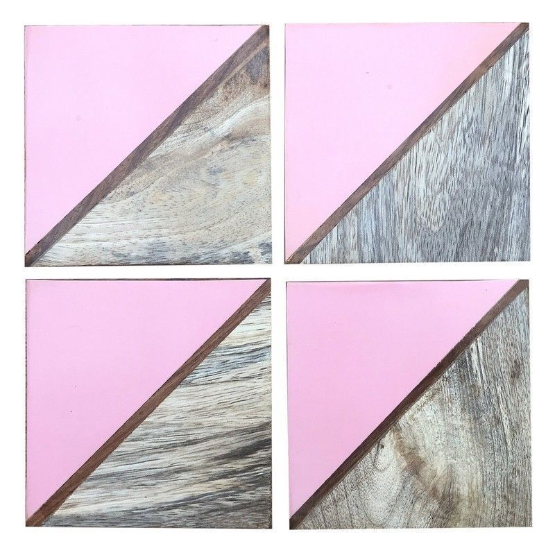 Scarthingwell 4x Coaster Polyresin & Wood Pink with Geometric Pattern - 10cm