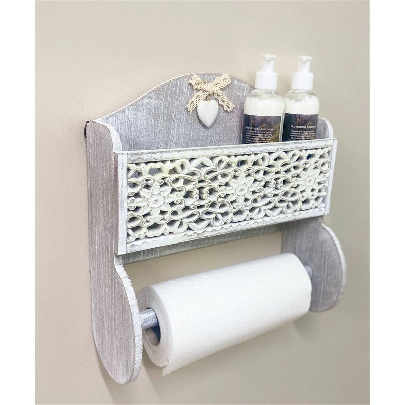 Geko Grey Wooden Kitchen Towel Holder With Cutout Pattern Shelf