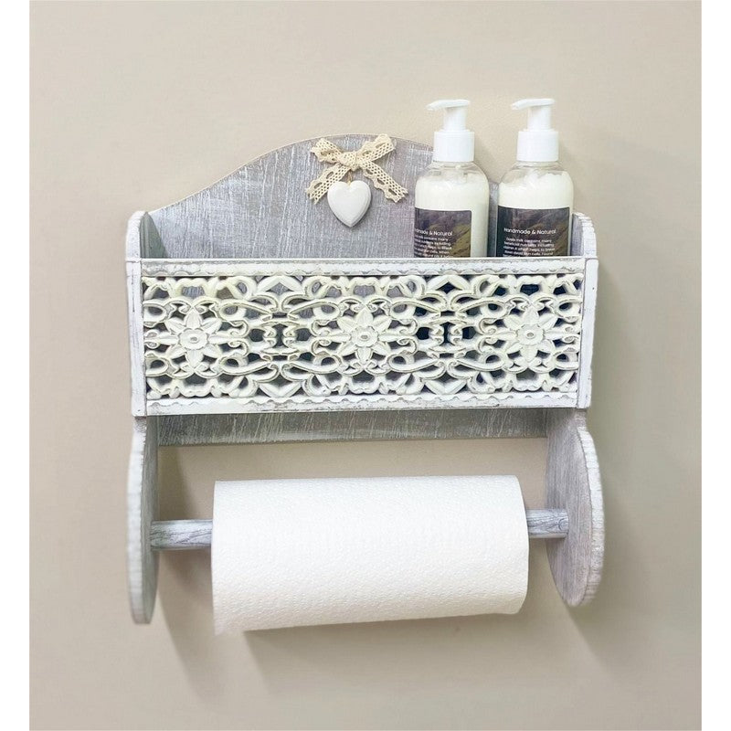 Geko Grey Wooden Kitchen Towel Holder With Cutout Pattern Shelf