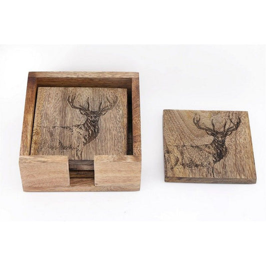 Scarthingwell 4x Stag Coaster Wood with Engraved Pattern - 10cm