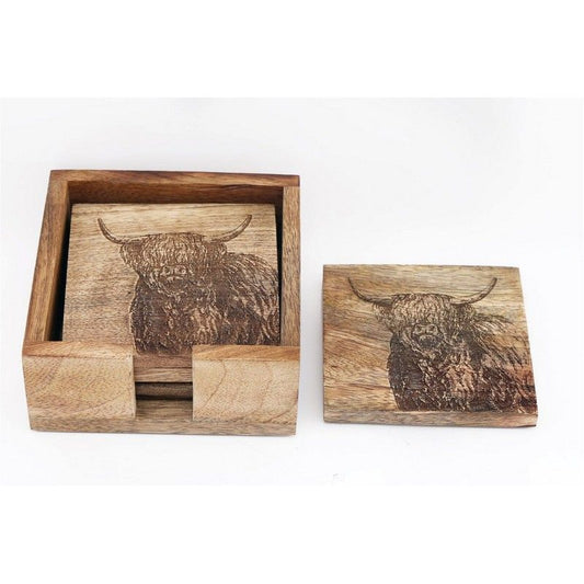 Scarthingwell 4x Cow Coaster Wood with Engraved Pattern - 10cm