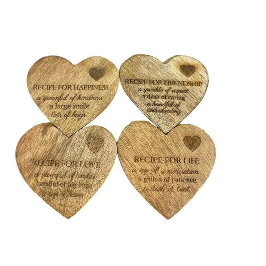 Scarthingwell 4x Heart Coaster Wood with Slogan Pattern - 10.5cm