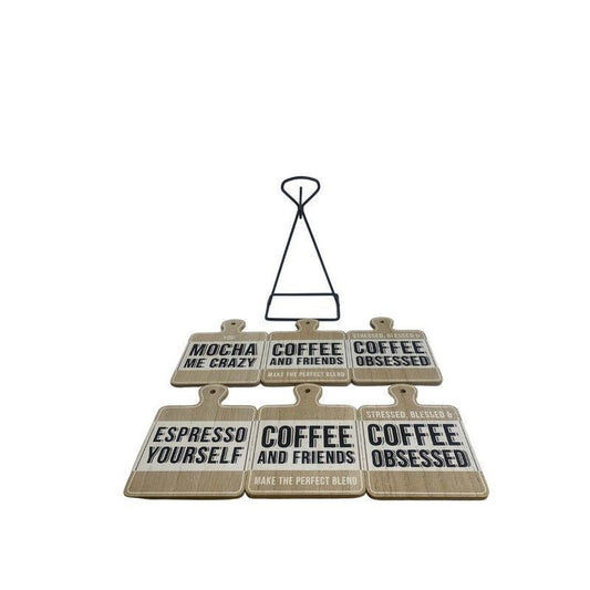 Scarthingwell 6x Coaster Metal & Wood with Coffee Slogans Pattern - 13cm