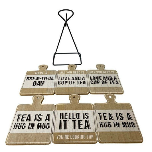 Scarthingwell 6x Coaster Metal & Wood with Tea Slogans Pattern - 13cm