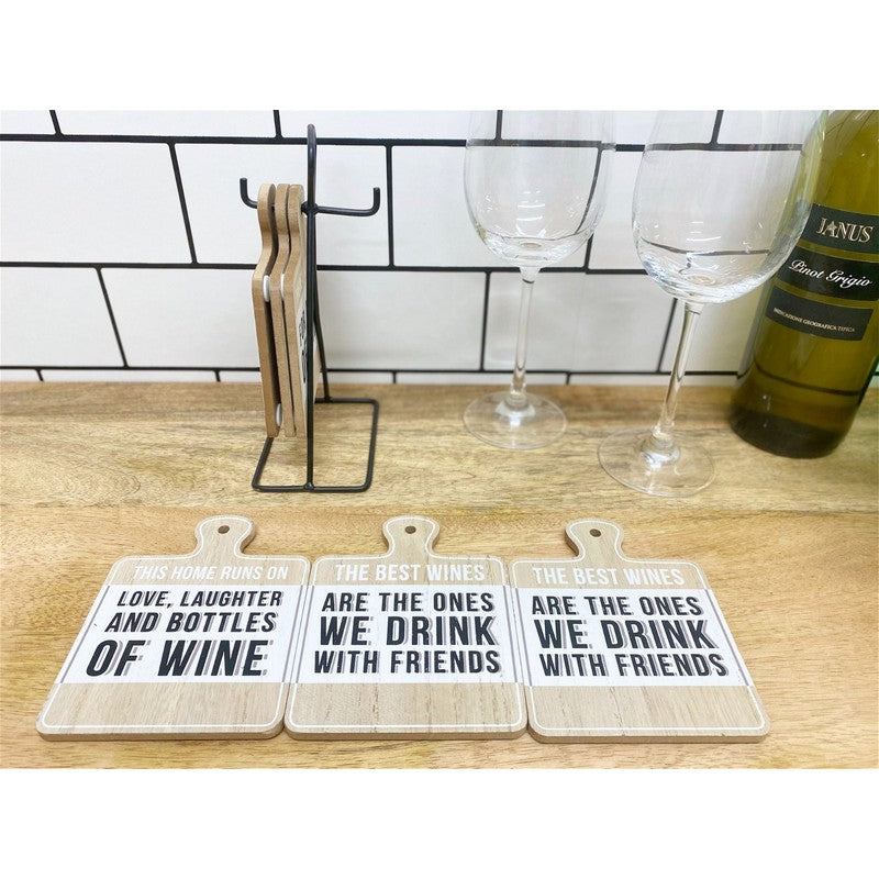 Scarthingwell 6x Coaster Metal & Wood with Wine Slogans Pattern - 13cm