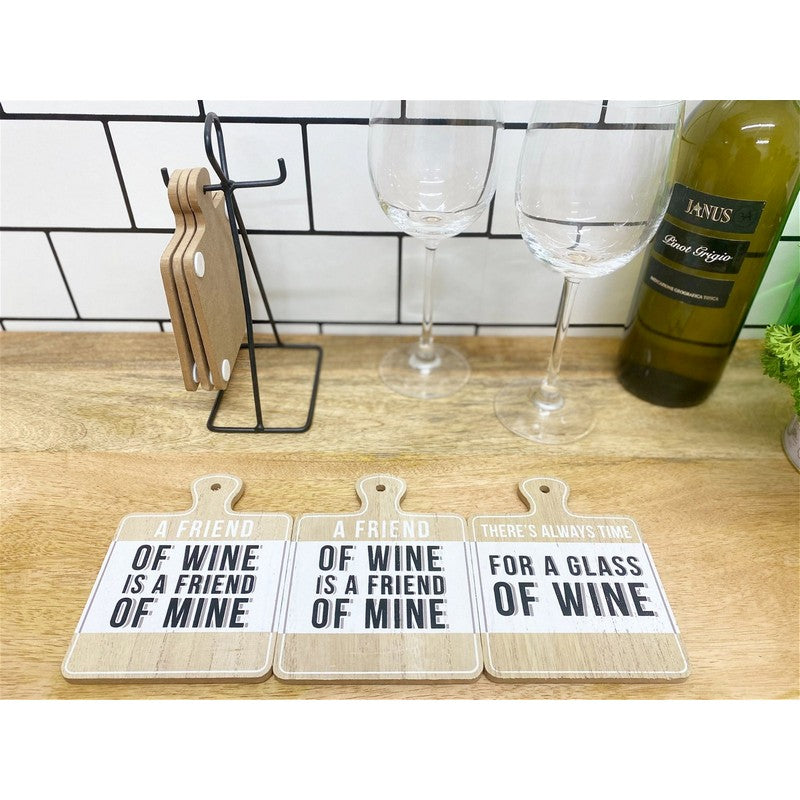 Scarthingwell 6x Coaster Metal & Wood with Wine Slogans Pattern - 13cm