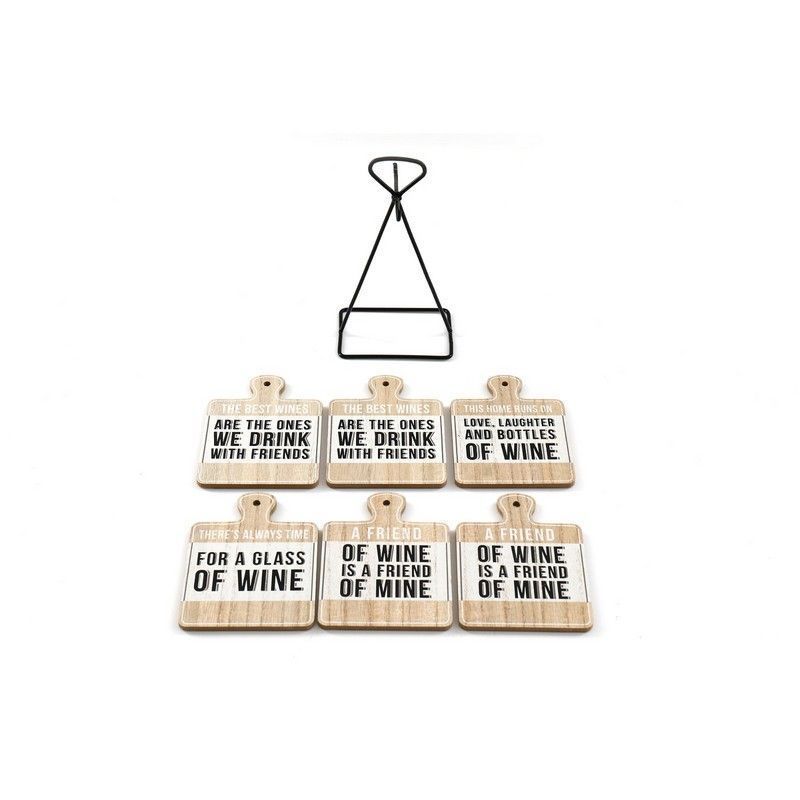 Scarthingwell 6x Coaster Metal & Wood with Wine Slogans Pattern - 13cm