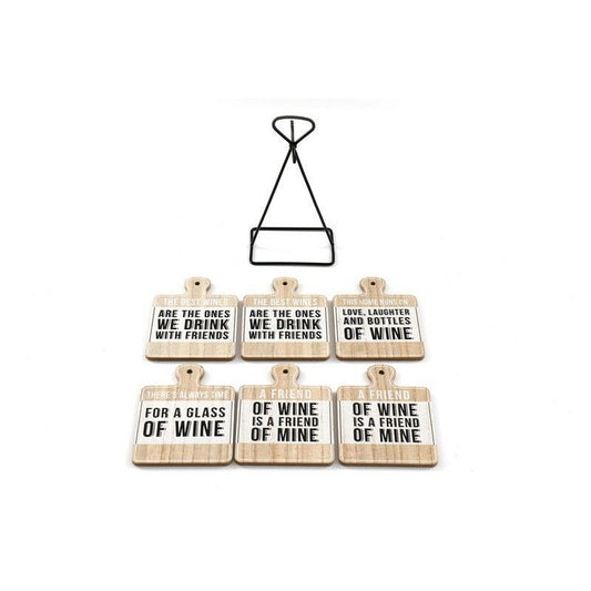 Scarthingwell 6x Coaster Metal & Wood with Wine Slogans Pattern - 13cm