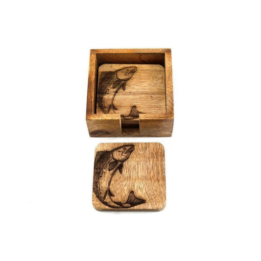 Scarthingwell 4x Fish Coaster Wood with Engraved Pattern - 10cm