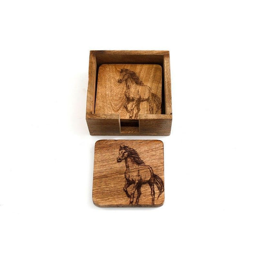 Scarthingwell 4x Horse Coaster Wood with Engraved Pattern - 10cm